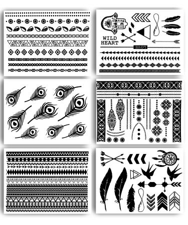 Terra Tattoos Black Henna Temporary Tats 75+ Mandala Tattoos Feathers, Dream Catcher, Arrows Waterproof Nontoxic Long Lasting for Beach, Festivals, & Parties True Black