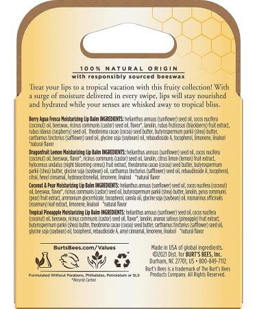 Burt's Bees Natural Lip Balm - Tropical 4 Count: Pineapple, Berry, Dragon Fruit & Coconut Pear - Buy Online on GoSupps.com