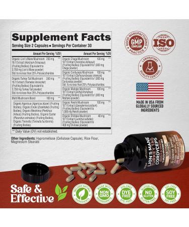 Mushroom Supplement - Organic Lions Mane | Turkey Tail | Chaga | Cordyceps | Reishi | Maitake | Shiitake | Meshima | Tremella | Oyster | Agaricus - Made in USA - Non GMO Gluten Free - 60 Capsules 60 Count (Pack of 1) - Buy Online on GoSupps.com
