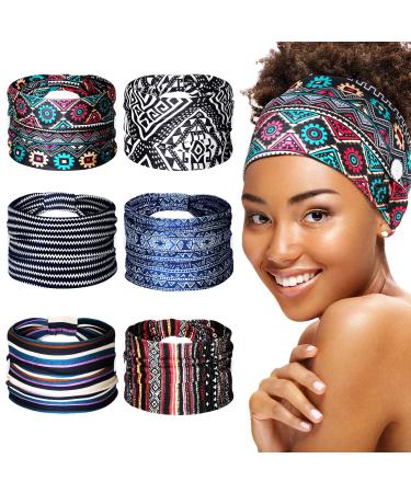 6 Pieces Headband with Buttons for Mask African Boho Knot Turban Headbands Nurse Elastic Headbands Sport Beach Hair Accessories for Women Girls (Attractive Patterns)