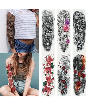6 Sheets Full Arm Temporary Tattoo  Waterproof Extra Large Black Skull Rose Temporary Tattoos for Men and Women  Adults Body Art Tattoo Sticker Fake Tattoo A.Floral