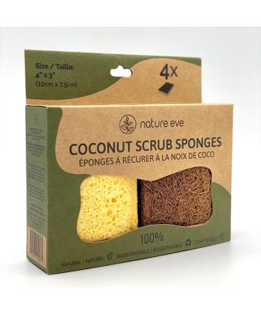 Biodegradable Sponge Coconut Fiber with Cellulose Eco Sponge Natural Sponges for Dishes Sustainable Environmentally Friendly Kitchen Scouring Pad Scratch Free Compostable 4 Pack