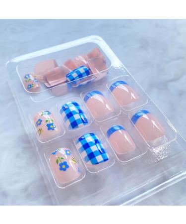 Shop Cute Press on Nails - Bee & Flower Designs | Square Full Cover Acrylic Nails - Blue & White Checkered French Tips for Summer - Perfect for Women & Girls - Buy Online on GoSupps.com