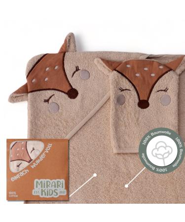 Mirari Kids - Baby towel with hood and washcloth - towel baby 80 x 80 cm - bath towel baby with hood made of 100% cotton - gift baby - baby initial equipment newborn set deer