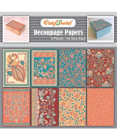 CrafTreat Folk Art Decoupage Paper for Furniture- Folk Art - Size: A4 (8.3 x 11.7 Inch) 8 Pcs - Peacock decoupage Paper - decoupage Paper Background - Decorative Paper for decoupage