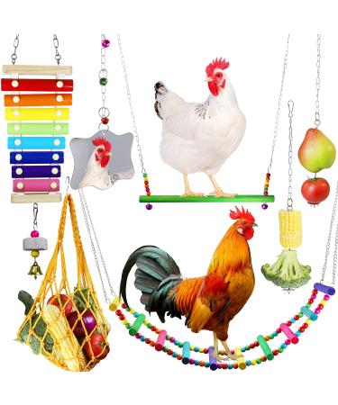 Chicken Toys for Coop, PBIEHSR 7 PCS Chicken Xylophone, Chicken Swing, Chicken Mirror Toy, Chicken Ladder Bridge, Chicken Vegetable String Bag and Fruit Hanging Feeder Multicolor