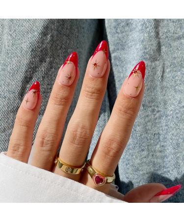 Buy BABALAL Medium Almond French Tip Press on Nails - 24pcs Red Rhinestone Acrylic Glossy Stiletto - International Shipping Available - Buy Online on GoSupps.com