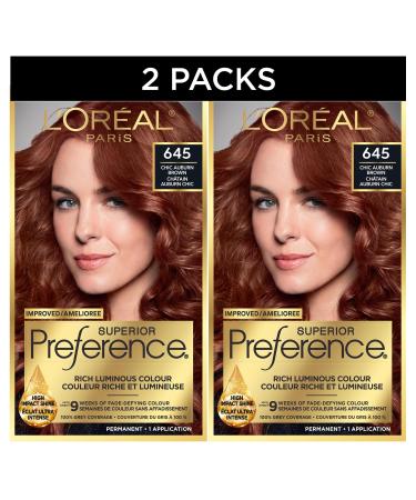 L'Oreal Paris Superior Preference Hair Dye Hair Color for Women 645 Chic Auburn Brown Hair Dye Permanent Hair Color 100% Grey Coverage 9 weeks of Luminous Fade-Defying 1 Hair Dye Kit (Pack of 2) (Packaging May Vary) Chic Auburn Brown Red