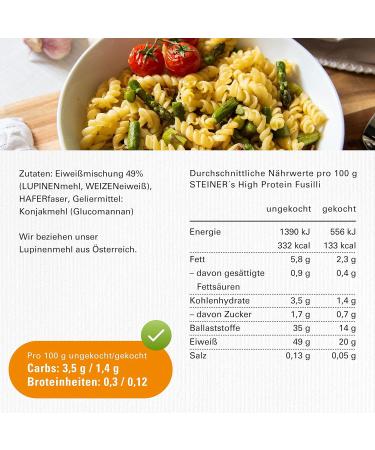Steiner's High Protein Fusilli | Low Carb Pasta | 49g Protein | 95% Less Carbs | Fiber Rich | 6x250g (1.5kg Pack) - International Shipping Available - Buy Online on GoSupps.com