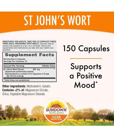 Sundown Standardized St. John's Wort Capsules 150 ea | Non-GMO, Gluten-Free, Dairy-Free, No Artificial Flavors - Buy Online on GoSupps.com