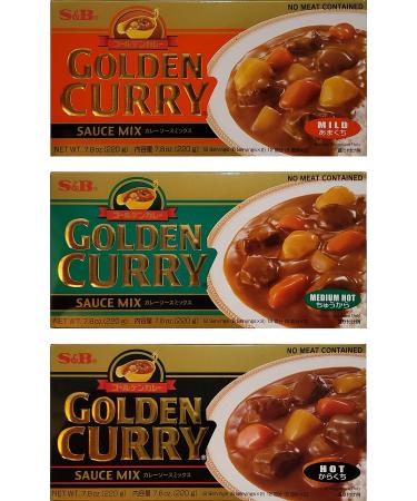 S&B Golden Curry Sauce Mix, Mild,Medium Hot and Hot 7.8-Ounce (Pack of 3)