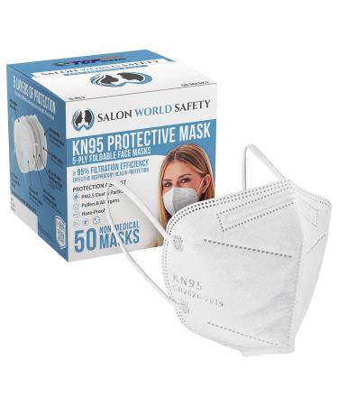 Salon World Safety KN95 Protective Masks, Box of 50 - Filter Efficiency 95%, 5-Layers, Sanitary 5-Ply Non-Woven Fabric, Safe, Easy Breathing Wear 50 White