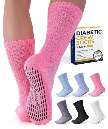 Diabetic Socks with Grips for Women & Men | Non Binding Edema Neuropathy Socks | 6-pairs Large Bright Colors - 6 Pairs