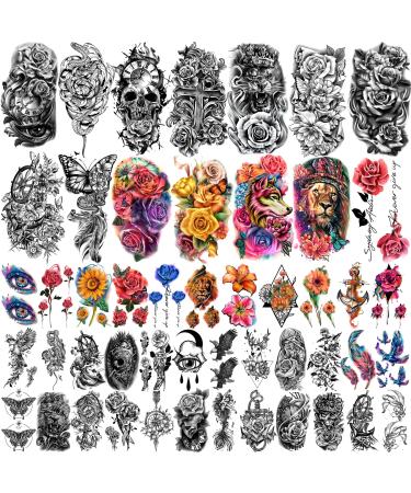 Metuu 49 Sheets Waterproof Temporary Tattoo for Men and Women  3D Black Half Arm Floral Animal Peony Rose Butterfly Tiger Snake Realistic Fake Tattoo Stickers for Teens Girls Body Hand Shoulder Chin