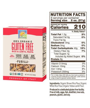 Bionaturae Gluten-Free Rice & Lentil Fusilli Pasta | Organic Non-GMO | Lower Carb | Kosher | Made in Italy | 12 oz (12 pack) - Buy Online on GoSupps.com