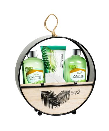 Coconut Spa Bath and Body Set in Modern Wood Round Holder: Shower Gel  Bubble Bath  Body Lotion & Bath Bomb Fizzer Relaxation Home Spa Baskets for Women