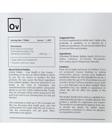 Chromium Picolinate 1000mcg Tablets for Blood Glucose & Metabolism | High Strength UK Made | Vegetarian & Vegan | Oxford Vitality - Buy Online on GoSupps.com