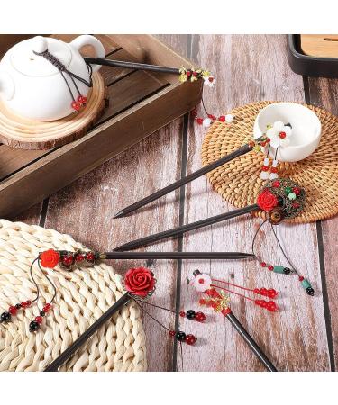 Chinese Wood Hair Sticks - 6 Piece Set with Vintage Pattern Tassels and Retro Flower Design | Handmade Wooden Hairpins for Women and Girls with Long Curly Hair | Classic Hair Accessories - Buy Online on GoSupps.com