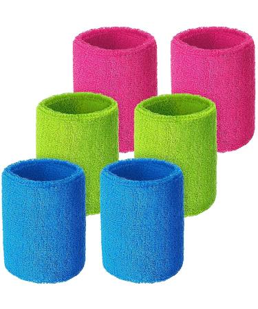 WILLBOND 6 Pieces Wrist Sweatbands Sports Wristbands for Football Basketball, Running Athletic Sports Neon Pink, Neon Green, Sky Blue