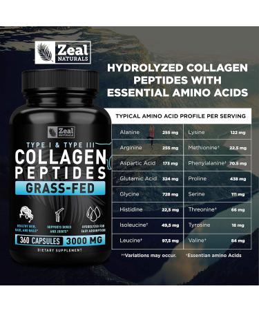 Zeal Naturals Collagen Peptides Collagen Pills (360 Capsules) Grass Fed Collagen Pepetide Powder - Hydrolyzed Collagen Powder for JointTendon SupplementHair Skin and Nails - - Buy Online on GoSupps.com