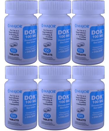 Docucate Sodium 100 mg Crushable Tablets for Gentle Reliable Relief from Occasional Constipation Generic for Colace Crushable 100 Tablets per Bottle Pack of 6 Bottles Total 600 Tablets