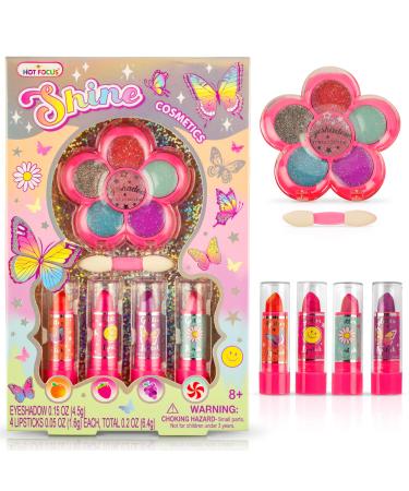 Hot Focus Makeup Kit for Girls with 4 Kids Lipsticks & Glitter Eyeshadow Palette - Kid Friendly, Washable Beauty Kit - Pretend Play Make Up Set - Cosmetics Gifts for Little Girls (Applicator Included) Flower