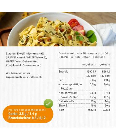 Steiners High Protein Tagliatelle - Low Carb High Fiber Pasta | 95% Less Carbs | 49g Protein | 6x250g - Shop Internationally - Buy Online on GoSupps.com
