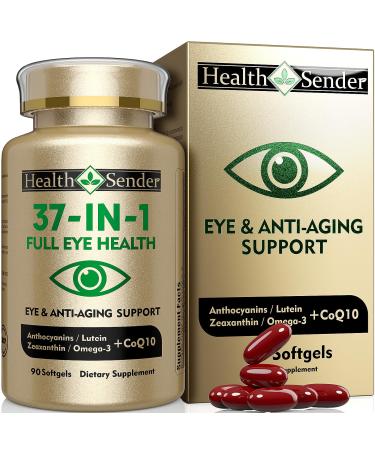 Eye Vitamin 37 in 1 Supplement for Man Woman Full Eye Support Inspired by AREDS 2 with Lutein Zeaxanthin Bilberry Extract Anthocyanin Omega-3 and CoQ10 Anti Aging Softgels 90 Count (Pack of 1) Brown