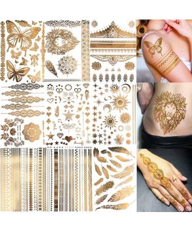 Bilizar 9 Sheets 110+ Designs Flash Gold Temporary Tattoos Metallic For Women Adults, Girl Golden Lion Festival Sun Moon Star Butterfly Glitter Tattoo Sticker, Fake Tattoos That Look Real and Last Long