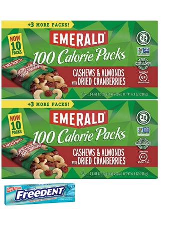 Emerald 100 Calorie Cashews Cranberries Roasted and Salted Snack Pack. Convenient Shopping For 2 Boxes of Individually Wrapped Single Serve Emerald Nuts. Includes 5 Piece Gum Sample.