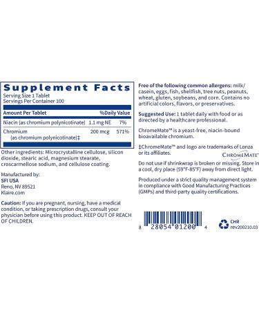 Klaire Labs Chromemate Chromium Polynicotinate 200mcg - 100 Tablets - Buy Online on GoSupps.com
