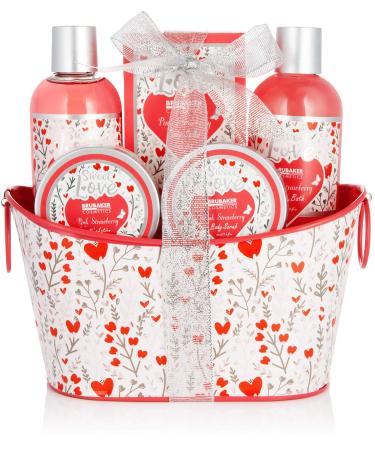 BRUBAKER Cosmetics 6-piece bath and shower set Strawberry Sweet Love in a decorative metal basket - care set gift set with flower design - pink