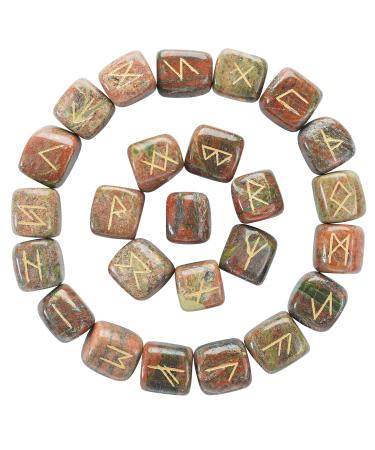 Crocon Unakite Gemstone Rune Stones set (25 Pcs) with Elder Futhark Alphabet Engraved Symbol runes | Size: 15-20 mm