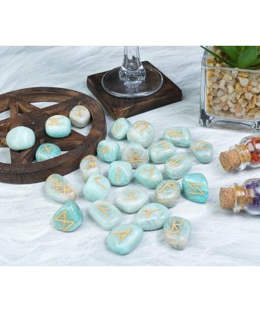 Crocon Amazonite Rune Stones Set - Elder Futhark Alphabet Engraved Symbols for Chakra Balancing | Decorative Stones 10-15mm - Buy Online on GoSupps.com