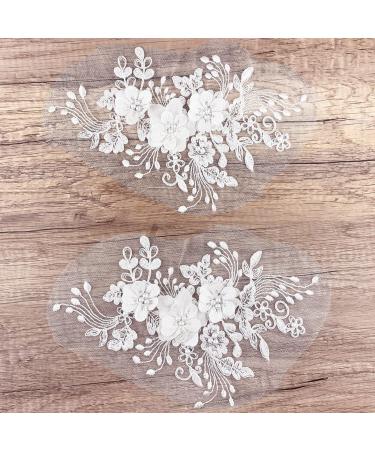 2Pcs Pearl Flower Embroidery Lace Patches 3D White Floral Embroidered Sew on Appliques for Wedding Dress Gown Headpiece Clothing Accessories Home Decoration Craft DIY
