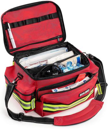 Scherber First Responder Bag | Fully-Stocked EMT/EMS Trauma Kit | 200+ First Aid Supplies | Reflective Red Bag w/ 8 Pockets & Shoulder Strap - Buy Online on GoSupps.com