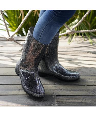 DaeRainy Women's Black Waterproof Mid Calf Rain Boots - Size 8.5 | Non Slip Garden Shoes with Glitter Detail - Buy Online on GoSupps.com