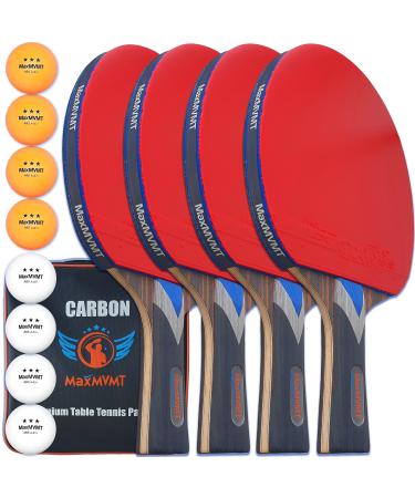 MaxMVMT Ping Pong Paddle Set of 4 - Carbon Fiber 7 Ply Rackets - 2 Wristbands - 8 Balls - 1 Rubber Cleaner Sponge - Premium ITTF Approved Rubber - Complete 4 Player Table Tennis Setup - Carry Case