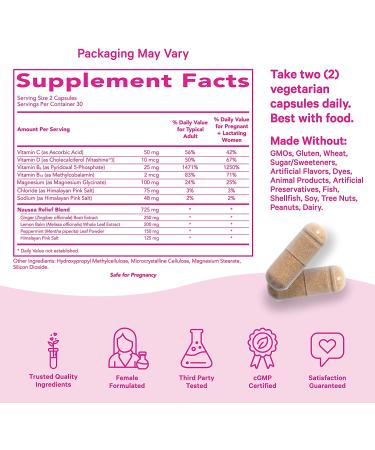 Pink Stork Total Nausea Relief Supplement with Vitamin B12 and Ginger - 60 Capsules | Pregnancy Morning Sickness and Motion Sickness Relief | Women-Owned - Buy Online on GoSupps.com