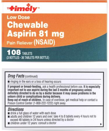 TIME-CAP LABS Timely Chewable Aspirin 81mg - 108 Tablets Low Dose Orange Flavor - Compare to Bayer - 3 Pack for Adults - Buy Online on GoSupps.com