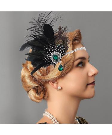 Fashband 1920s Flapper Headband Black Feather Headpiece Rhinestone Gatsby Hair Band Cocktail Head Accessories for Women (dot) - Buy Online on GoSupps.com