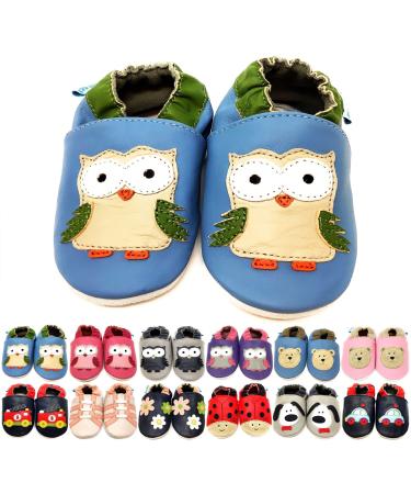 MiniFeet Premium Soft Leather Baby Shoes - BUY 4 PAIRS & GET 1 OF THEM FOR FREE ! - Toddler Shoes - 0-6 Months to 4-5 Years 0-6 Months Blue Owl
