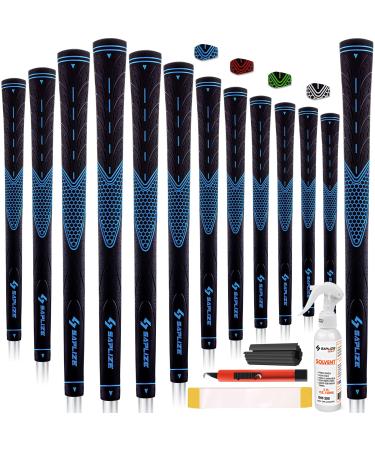 SAPLIZE CC01 Golf Grips 13 Pack, Options of Upgrade kit(13 Grips with 15 Tapes) or Deluxe Kit(13 Grips with Solvent kit), 4 Colors, Standard/Midsize, Rubber Golf Club Grips Blue, 13 grips with full solvent kit Standard