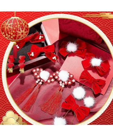 6 Pair Chinese Festival Hair Clips for Kids - New Year & Christmas Accessories with Pom Poms, Bows, and Tassels - Buy Online on GoSupps.com