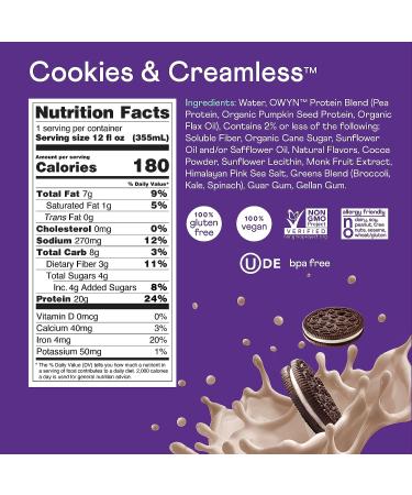 Owyn Plant Based Protein Shake  20g Vegan Protein from Organic Pumpkin Seed  Flax  Pea Blend  Prebiotic Supplement  Superfood Greens  All-in-one Nutrition  Gluten & Soy-Free (Cookies & Creamless) Cookies & Creamless 12 F... - Buy Online on GoSupps.com