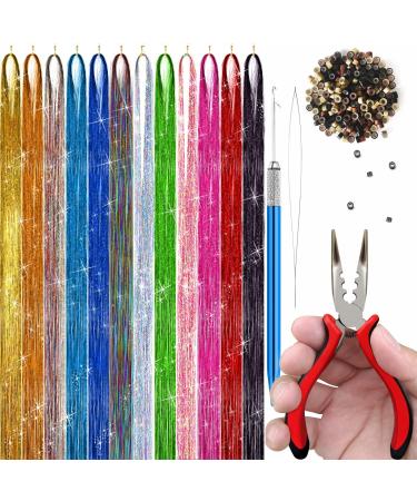 Hair Tinsel Kit with Microlinks Tools  Fairy Hair Glitter Hair Extensions  Hair Tensile  Heat Resistant (47 Inch 12 Colors)