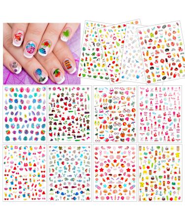 HOWAF 1100+ Summer 3D Nail Art Stickers for Women Girls Hawaiian Beach Nail Manicure Decals Palm Hibiscus Flowers False Nail Sticker Nail Tip Wraps for Body Art Makeup Decoration Accessories