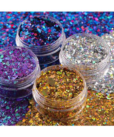Buy Holographic Chunky Glitter Set Silver Gold Magic Purple & Blue Perfect for Festivals Carnival & Rave Includes 4 Pots & Quick Dry Primer Glue Gel - Buy Online on GoSupps.com