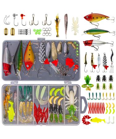 GOANDO Fishing Lures Kit for Freshwater Bait Tackle Kit for Bass Trout Salmon Fishing Accessories Tackle Box Including Spoon Lures Soft Plastic Worms Crankbait Jigs Fishing Hooks 78 Pcs Fishing Lures