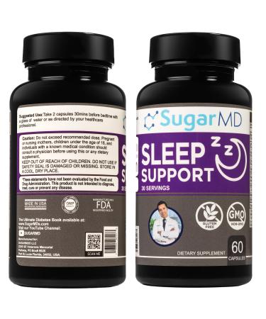 SugarMD Sleep Support Supplement 60 Sleep Capsules with Lemon Balm Valerian Root Hops Extract Chamomile Extract & BioPerine Non-GMO & Gluten Free Sleep Supplememts for Adults (30-Day Supply)